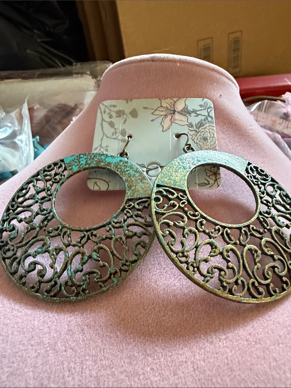 Vintage-Inspired Patina Green Filigree Hoop Earrings, 2”, (J0295)